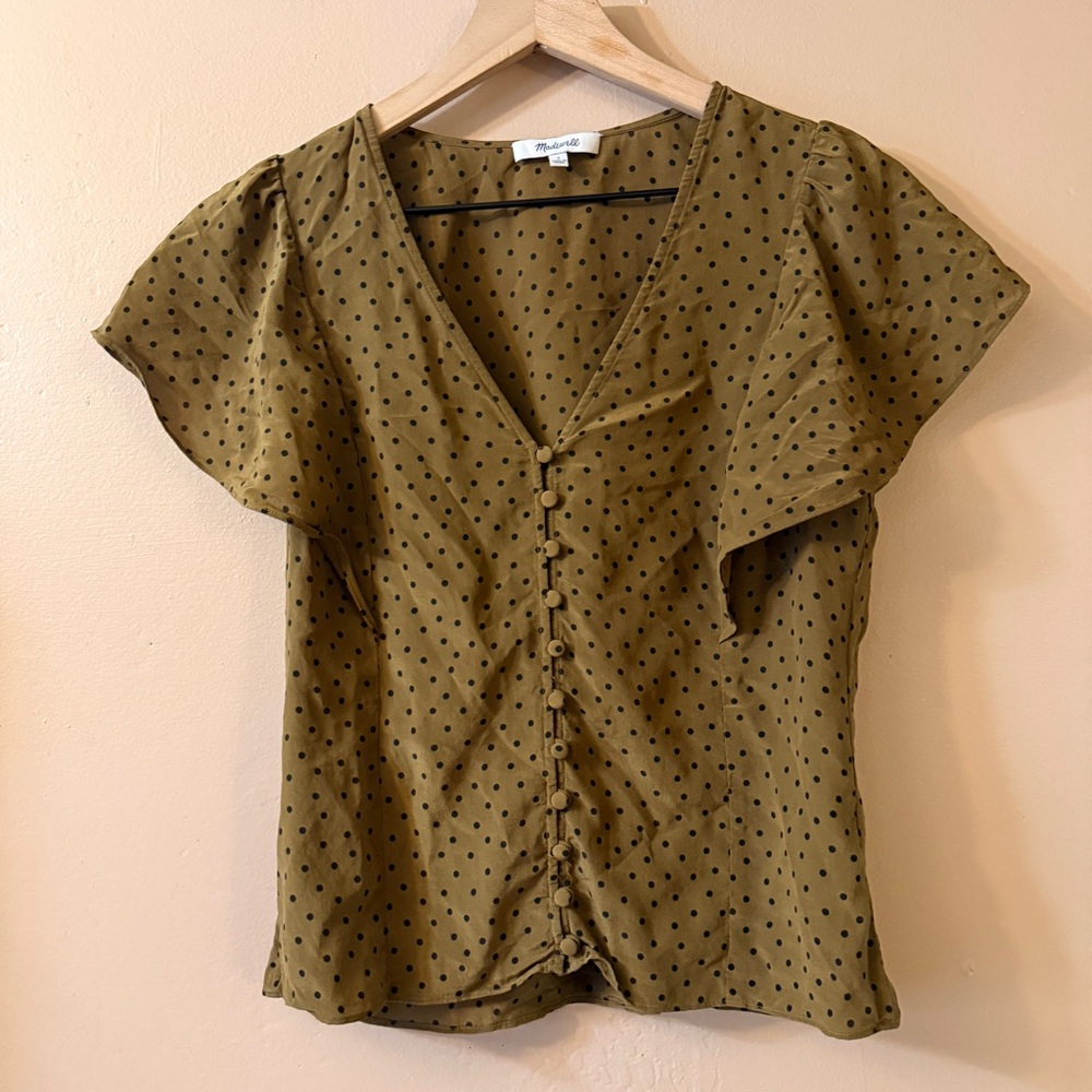Madewell Carmelina Flutter Sleeve Polka Dot Blouse 100% Silk Size 2 Holiday